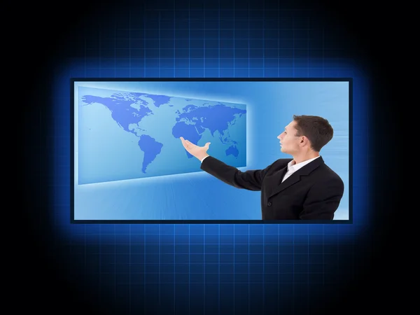 Toekomstige zakelijke oplossingen zakenman met kaart van de wereld — Stockfoto