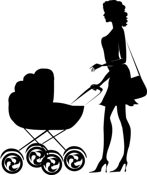 Silhouette of a lady pushing a pram — Stock Vector