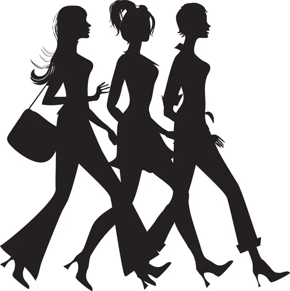 Üç alışveriş kız silüeti — Stok Vektör