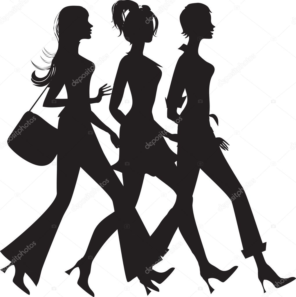 Silhouette of three shopping girls