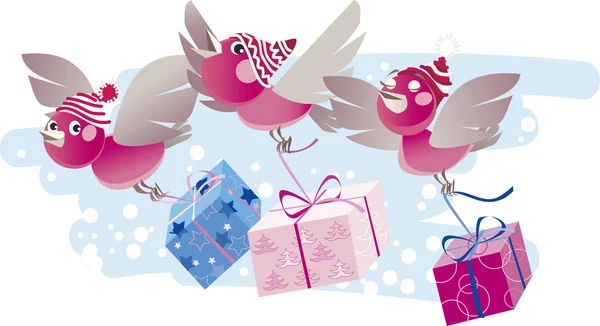 Les oiseaux de Noël apportent des cadeaux — Image vectorielle