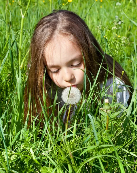 Girl blowing a dandelion — Stock Photo, Image