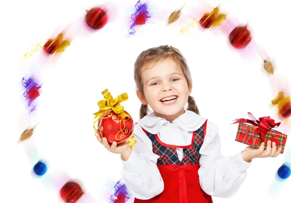 Beautiful girl with presents on a white background — Stock Photo, Image