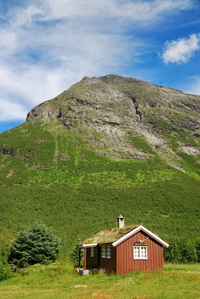 Houten huis met groen-dak onder berg. — Stockfoto
