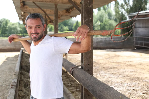 Agricultor ficou limpando o recinto de animais com garfo de passo — Fotografia de Stock