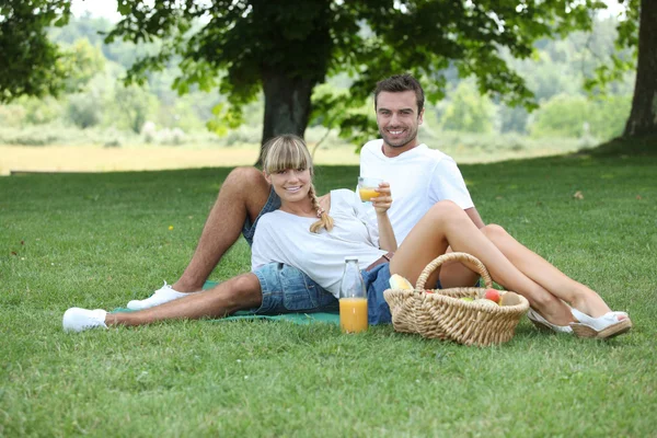 Ungt par har picknick på en äng — Stockfoto