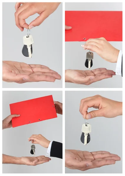 Collage of a new home owner receiving the keys to his property — Stock Photo, Image