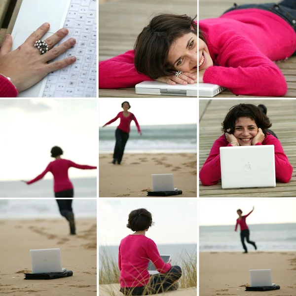 Brunett bär fuchsia pullover arbetar på stranden — Stockfoto