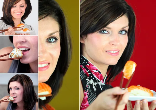 Photomontage of a young woman eating sushis — Stock Photo, Image