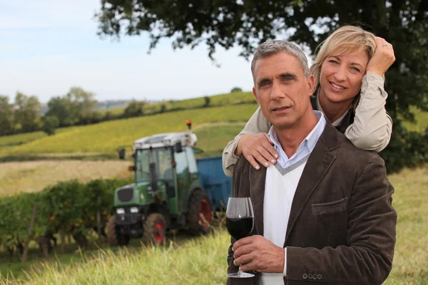 Пара пьющих вино в винограднике — стоковое фото