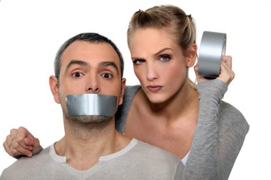 Woman taping-up mans mouth clipart