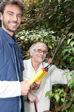 Mother and son gardening clipart