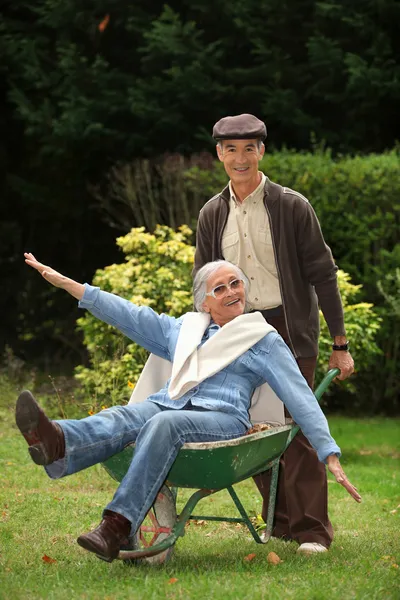 Смешные бабушка и дедушка в саду — стоковое фото