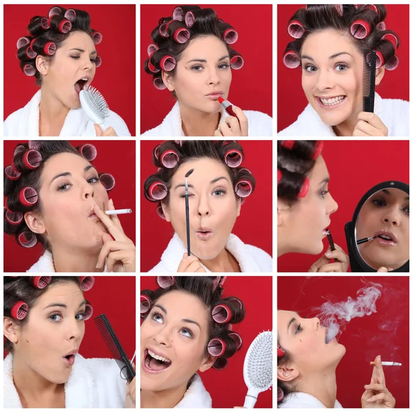 Expressive woman with hair curlers on red background — Stock Photo, Image