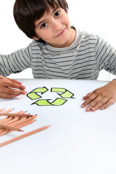 Jongen kleurstoffen recycling logo — Stockfoto