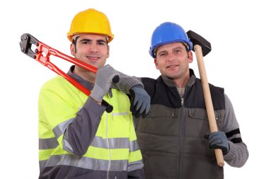 Construction workers with bolt cutters and a sledgehammer clipart