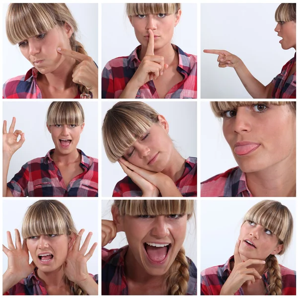 Montaż kobieta wyciągając wiele twarzy — Zdjęcie stockowe