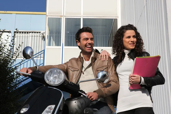 Man on a motorcycle girlfriend — Stock Photo, Image