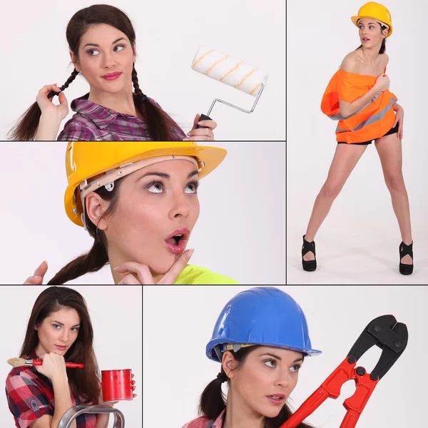 Collage av en kvinnlig byggnadsarbetare — Stockfoto