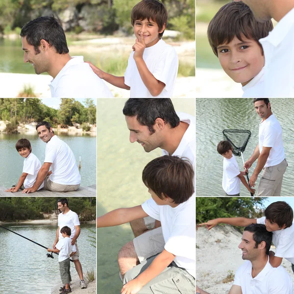 一个男人和一个小男孩钓鱼的抽象拼贴画 — 图库照片