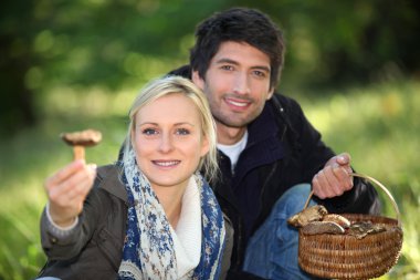 Couple picking mushrooms in a forest clipart