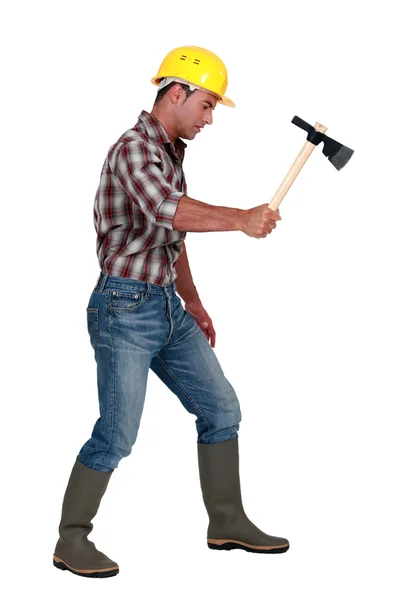 Woodworker with a hatchet — Stock Photo, Image