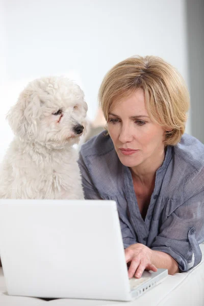 Vrouw die op laptopcomputer naast kleine witte hond te typen — Stockfoto