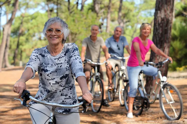 Mulher sênior e seus amigos andando de bicicleta pelo campo — Fotografia de Stock