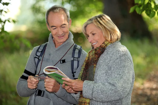 부부는 숲에 지도 읽고 — 스톡 사진