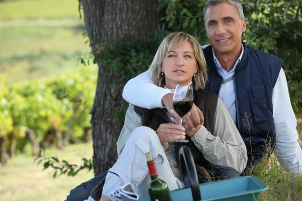 Par på en romantisk picknick i en vingård — Stockfoto