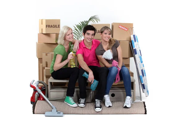 Tre hus-kompisar flyttar — Stockfoto