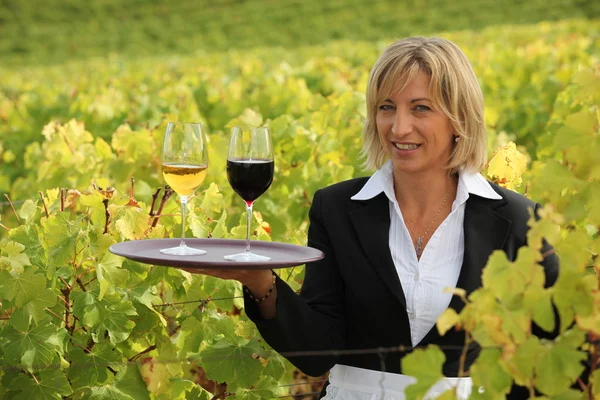 Blond waitress in field holding trey of wine — Stock Photo, Image