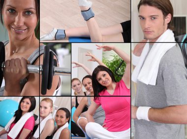 Mosaic of adults exercising at the gym clipart