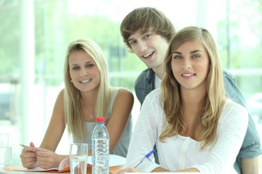 Three classmates revising together clipart