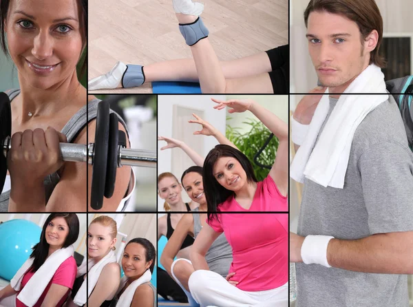 Mosaic of adults exercising at the gym — Stock Photo, Image