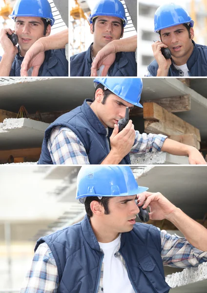 Colagem de um trabalhador da construção civil e seu walkie talkie — Fotografia de Stock