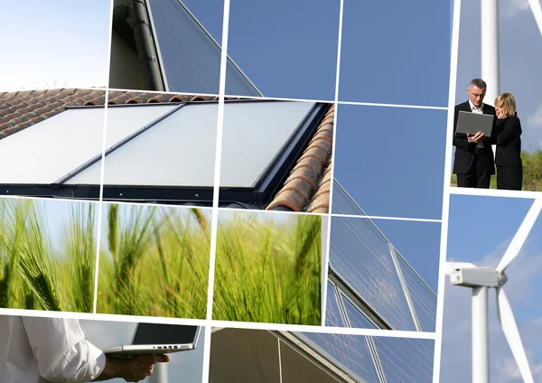 太陽電池パネル、風車、従業員 — ストック写真
