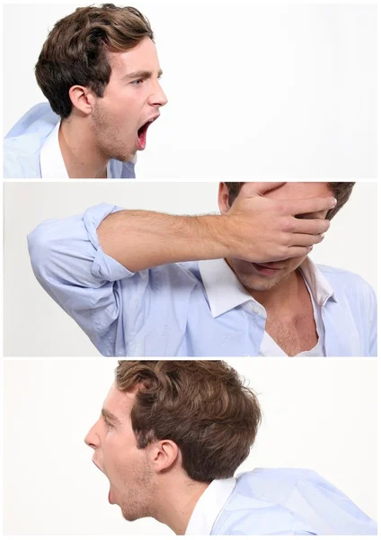 Young man screaming on white background — Stock Photo, Image
