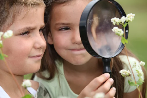 Children with a magnifying glass — Stock Photo, Image