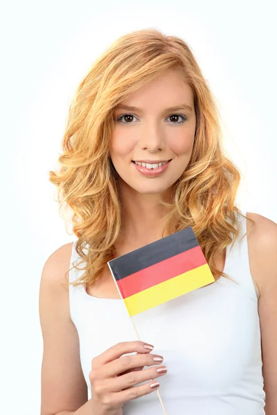 Mulher bonita acenando uma bandeira alemã — Fotografia de Stock
