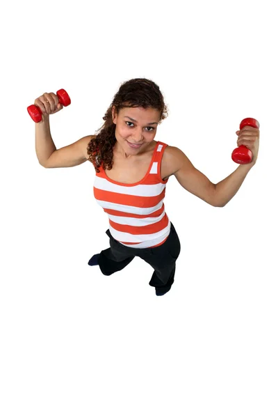 重りを持ち上げる女性の高角度ショット — ストック写真