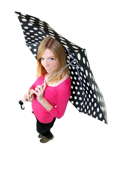 Vrouw met een paraplu polka dot — Stockfoto