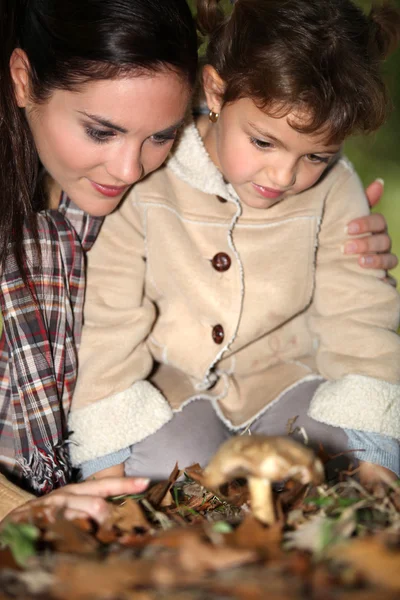 母亲和女儿捡蘑菇 — 图库照片