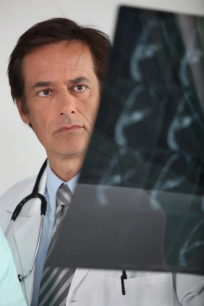 Az orvos a röntgent nézi. — Stock Fotó