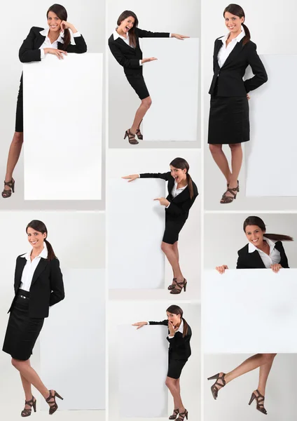 Collage de una mujer de negocios sosteniendo un signo en blanco —  Fotos de Stock