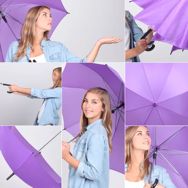 Colagem de menina bonita com guarda-chuva roxo — Fotografia de Stock