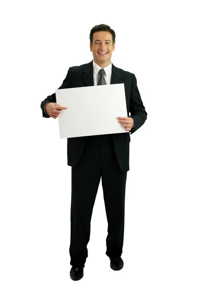 Empresário inovador apontando para um sinal em branco — Fotografia de Stock
