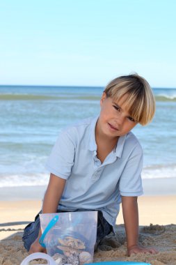 Little boy collecting starfish in a bucket on the beach clipart