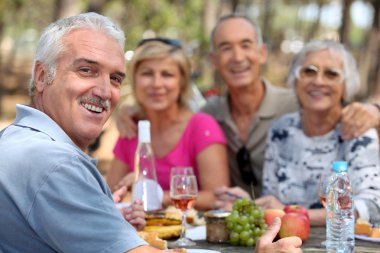 Older couples enjoying an alfresco lunch clipart