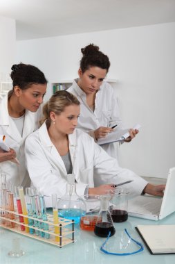 A team of female scientists examining the results of an experiment clipart